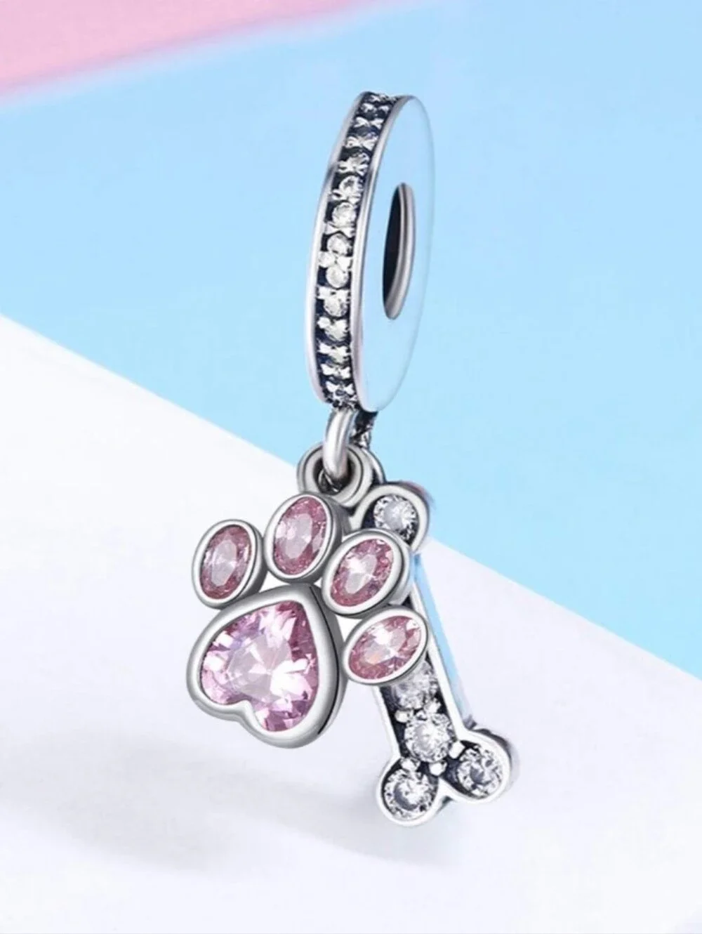 Pink Paw & Bone Dangle Charm - Silver Tone Pet Jewelry